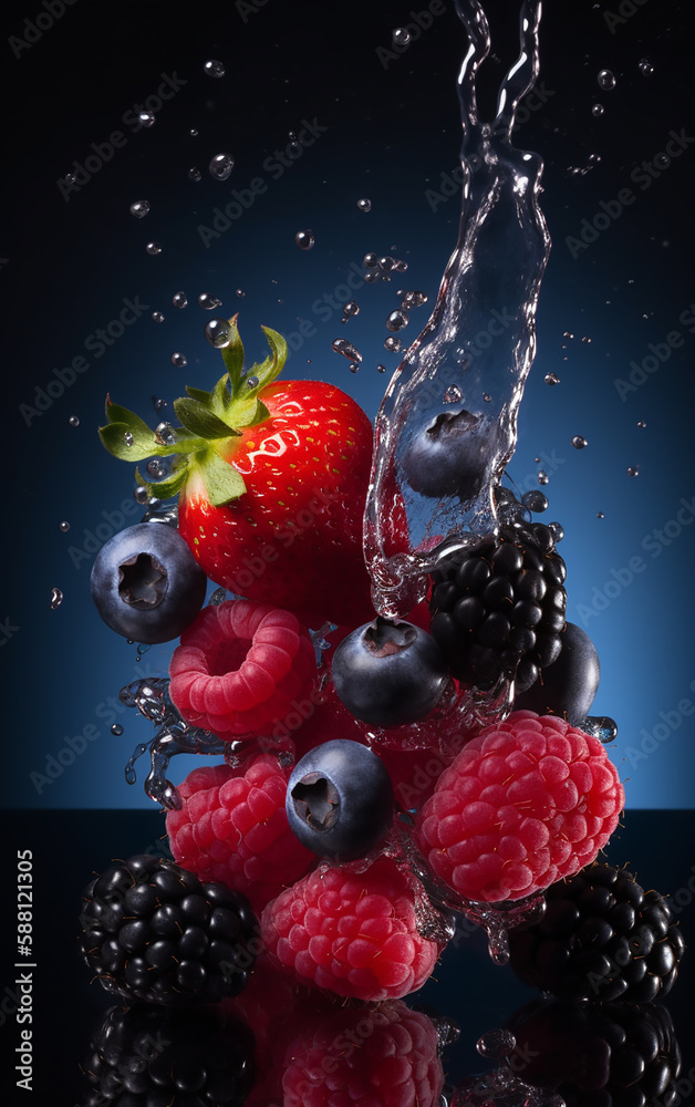 Ripe berries caught in a splash of water, showcasing the freshness and vitality of nature's sweets. Ripe berries caught in a splash of water, showcasing the freshness and vitality of nature's sweets.