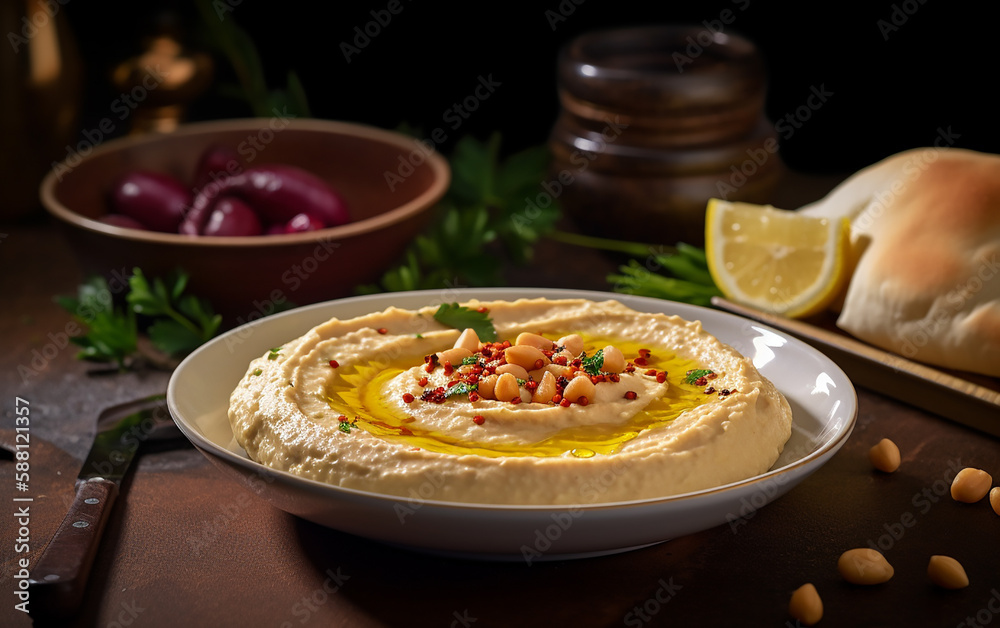 Smooth hummus drizzled with olive oil and sprinkled with diced tomato, accompanied by warm pita bread. Smooth hummus drizzled with olive oil and sprinkled with diced tomato, accompanied by warm pita bread.