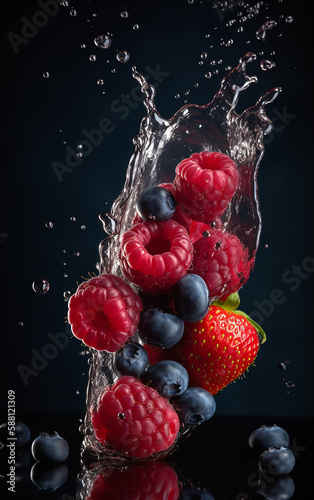 Bursting with freshness, a splash of water amidst raspberries and blueberries on a dark background