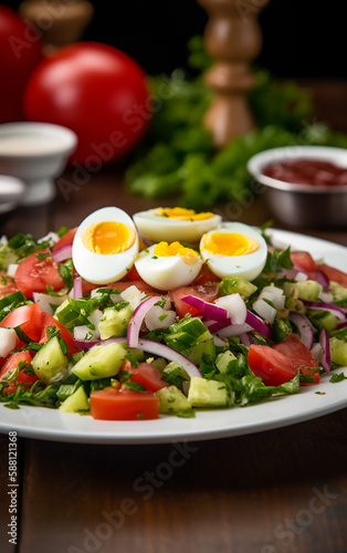 Colorful garden salad with boiled eggs and fresh vegetables  a healthy and refreshing dish
