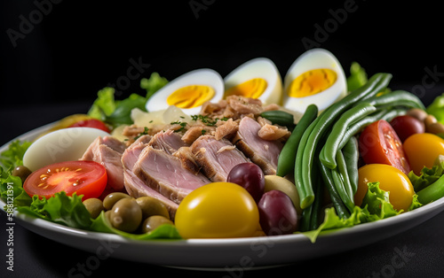 Tantalizing plate of Nicoise salad with fresh greens, tuna steaks, boiled eggs, and a medley of olives and beans, highlighting gourmet taste.