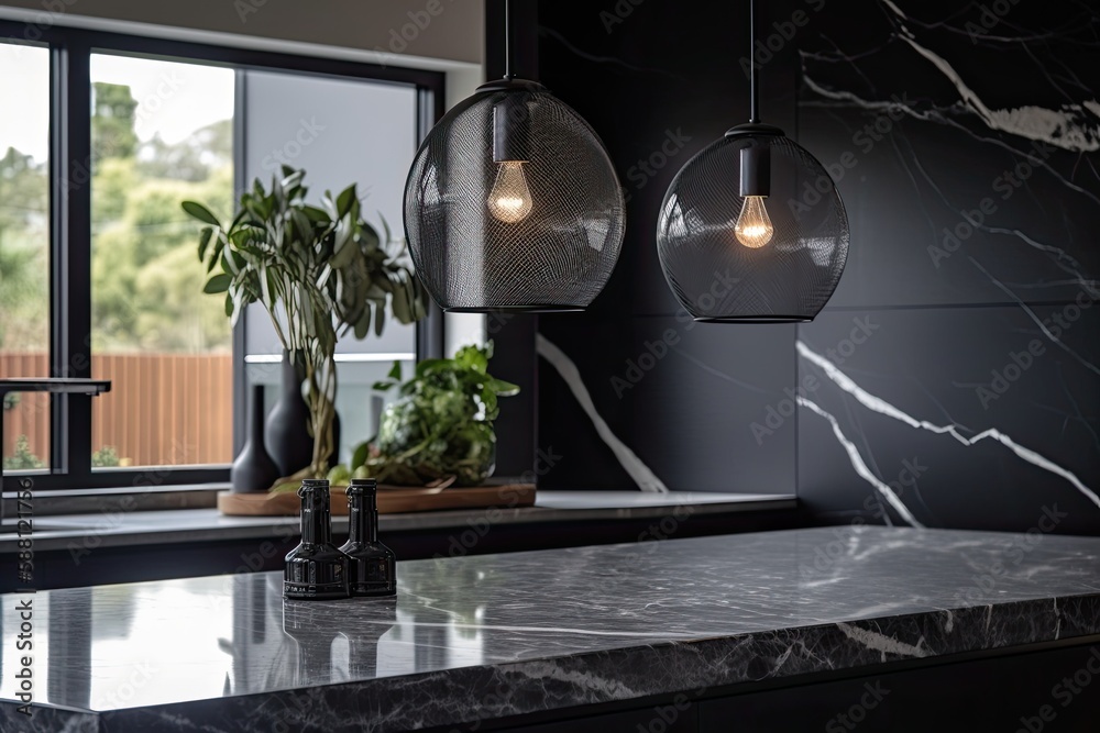 modern kitchen with elegant marble countertops and sleek pendant lights. Generative AI modern kitchen with elegant marble countertops and sleek pendant lights. Generative AI