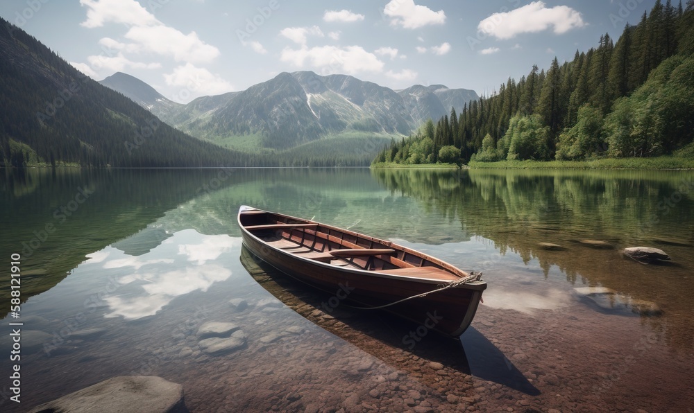  a boat is sitting on the shore of a mountain lake.  generative ai