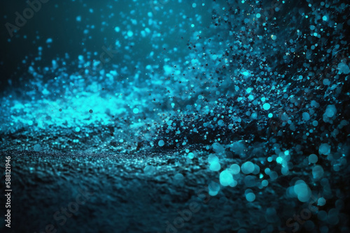 teal and blue colored glowing glow bokeh out of focus blurred particles and lights and waves. Abstract glamour high tech technology background. Generative AI