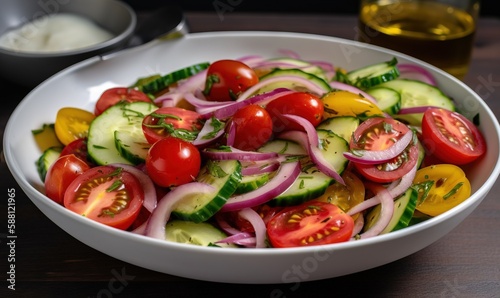  a white bowl filled with cucumbers, tomatoes, onions and onions.  generative ai © Anna