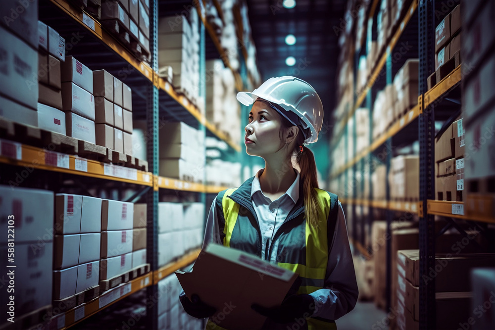 smart woman worker wearing work suit and cargo hold safety helmet for pile of goods for delivery. female worker inspecting shop factory. warehouse industry. Inspection quality control. Generative AI smart woman worker wearing work suit and cargo hold safety helmet for pile of goods for delivery. female worker inspecting shop factory. warehouse industry. Inspection quality control. Generative AI