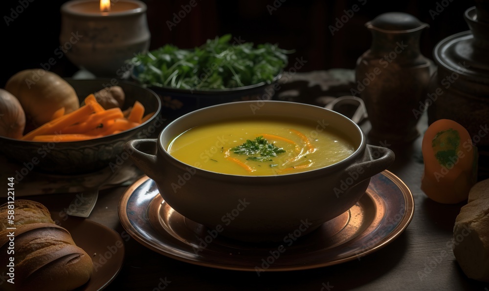a bowl of soup sits on a plate next to a candle. generative ai a bowl of soup sits on a plate next to a candle. generative ai