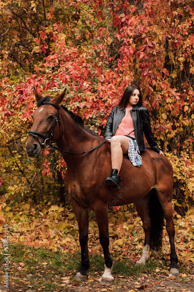 A woman on a horse in the autumn forest. Riding