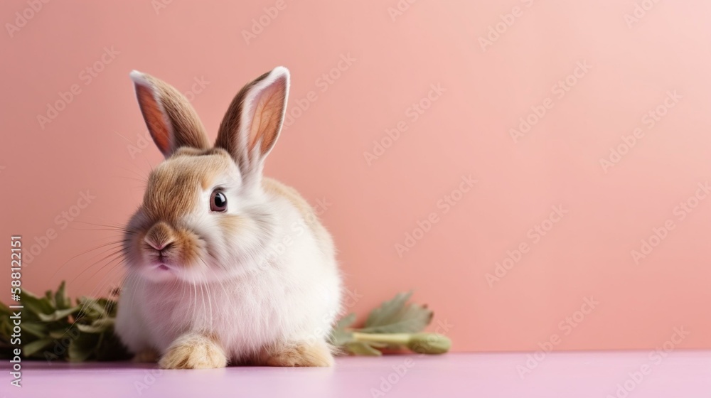 Obraz premium banner, cute rabbit on a pink background Generative AI