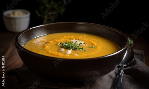  a bowl of soup on a table with a spoon and napkin. generative ai