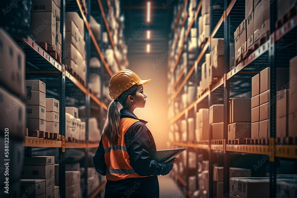 Portrait of smiling woman detailing order woman checking goods and supplies on shelves with goods in warehouse background. logistics and export business. Generative AI Portrait of smiling woman detailing order woman checking goods and supplies on shelves with goods in warehouse background. logistics and export business. Generative AI