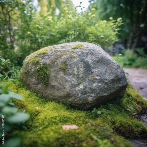 The stone, hard, smooth, gray, lies on the ground. Around it, beautiful greenery, juicy, bright, fresh. Nearby, a small tree, green, delicate, grows slowly." Generative AI