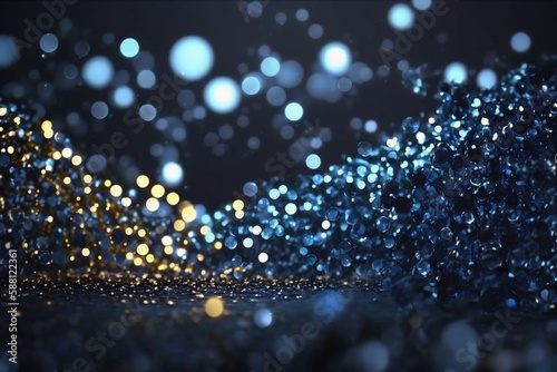 blue and gold colored glowing glow bokeh out of focus blurred particles and lights and waves.  Abstract glamour high tech technology background. Generative AI