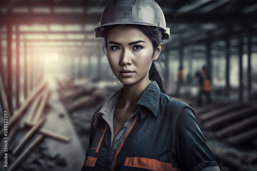 portrait of a worker, Froman women wearing protective helmets, inspecting the contractor and the correct force, construction work, house construction work. Generative AI