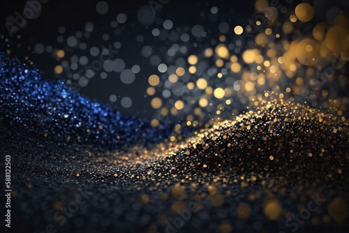 blue and gold colored glowing glow bokeh out of focus blurred particles and lights and waves. Abstract glamour high tech technology background. Generative AI