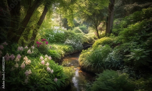  a stream running through a lush green forest filled with flowers. generative ai