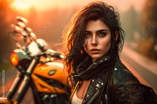 Portrait of a biker girl with a wild expression standing by her motorcycle.