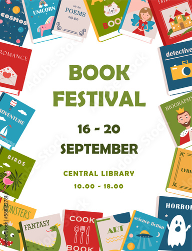 Book festival poster for advertising. Vertical poster for book fair with different books. Advertising template for bookstore,bookshop, library.