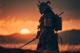 a stoic samurai warrior standing on a battlefield. Generative AI