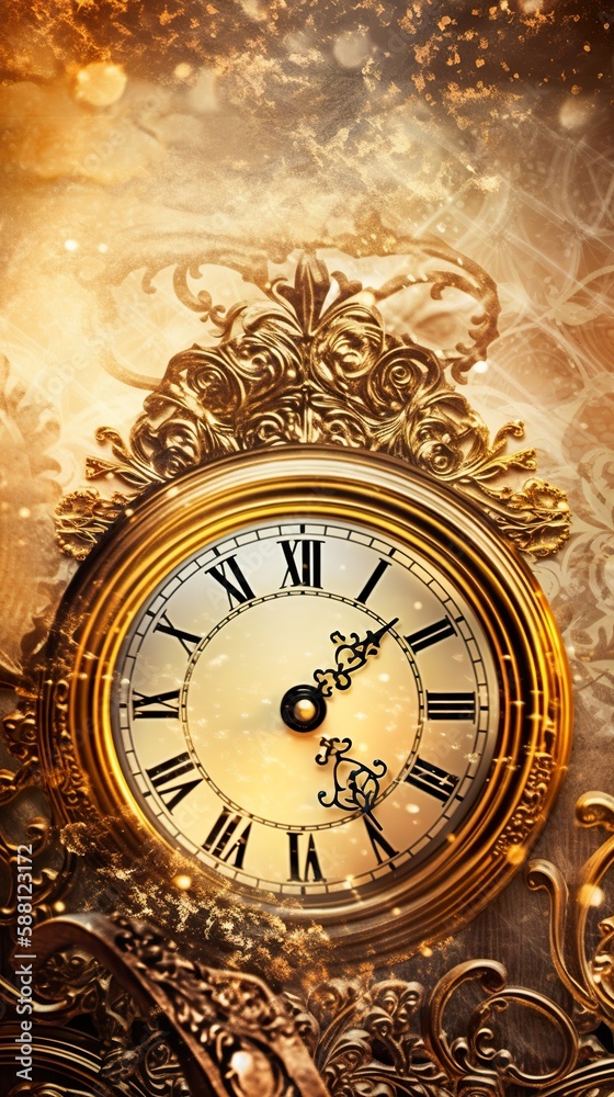 Historic clock, ancient gilded ornate clock, fairy watch on golden background, copy-space, AI generative monochromatic countdown background