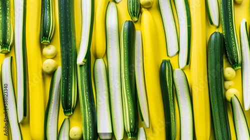 Zucchini, yellow, green and white, flat lay, top view, AI generative food photo