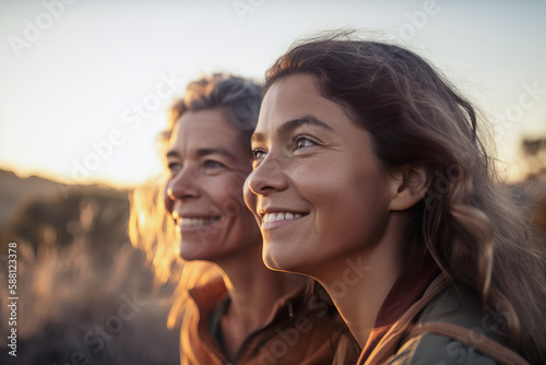 Young girl and her mother enjoying the outdoors at sunset. Generative AI.