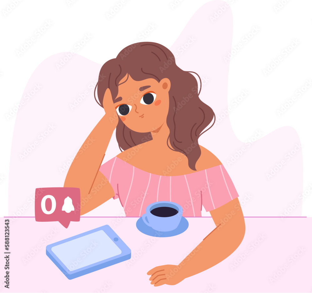 Girl drink coffee and waiting new notice or message. Student and hot beverage, digital detox and time for self. Young adult vector cartoon characters Girl drink coffee and waiting new notice or message. Student and hot beverage, digital detox and time for self. Young adult vector cartoon characters