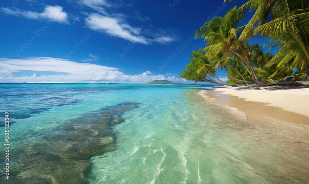 Fototapeta premium a tropical beach with palm trees and clear blue water on a sunny day. generative ai