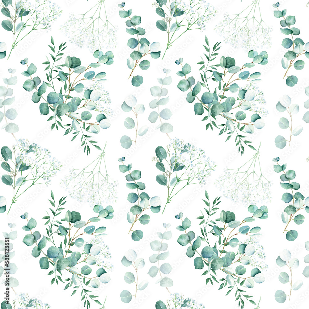 Seamless watercolor pattern with eucalyptus, gypsophila and pistachio branches on white background. Can be used for wedding prints, gift wrapping paper, kitchen textile and fabric prints.