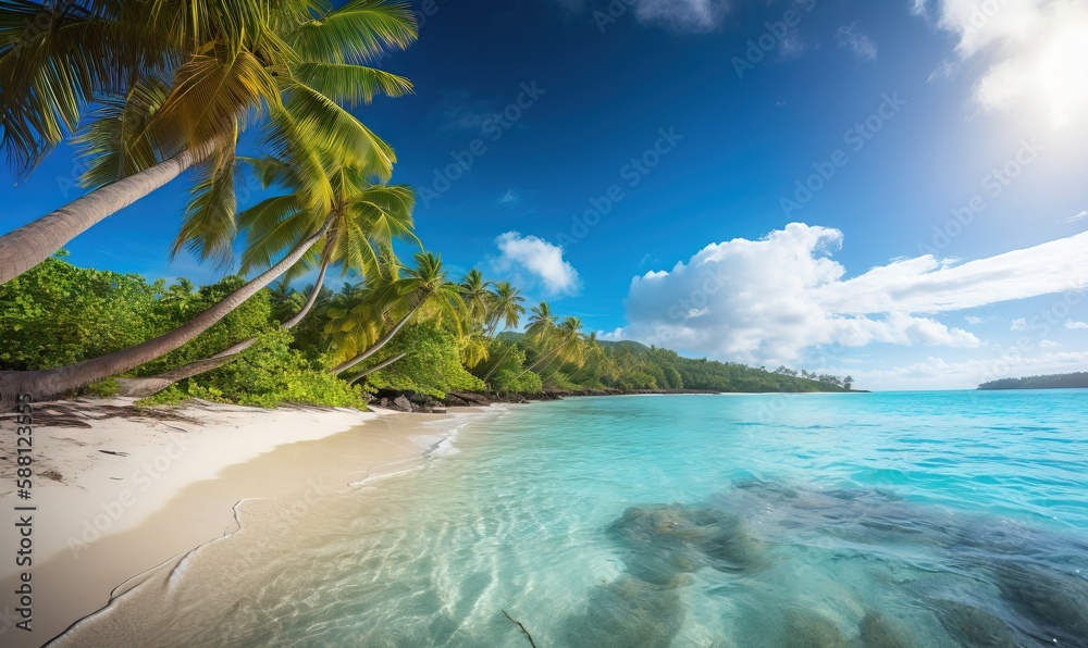  a tropical beach with palm trees and clear water on a sunny day.  generative ai