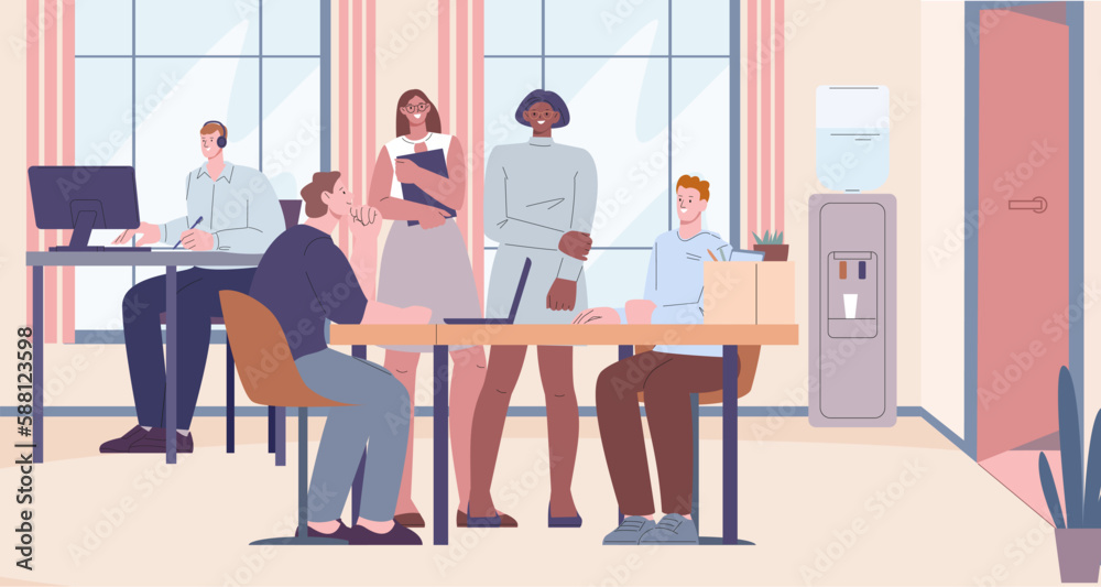 People at work in office, talking with new employee and working. Cute flat managers, young teamwork. Company, business process vector scene People at work in office, talking with new employee and working. Cute flat managers, young teamwork. Company, business process vector scene
