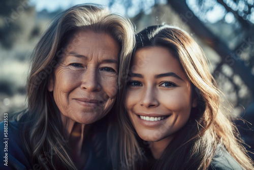 Woman and her daughter outdoors smiling for the camera. Generative AI. © OPPERMAN