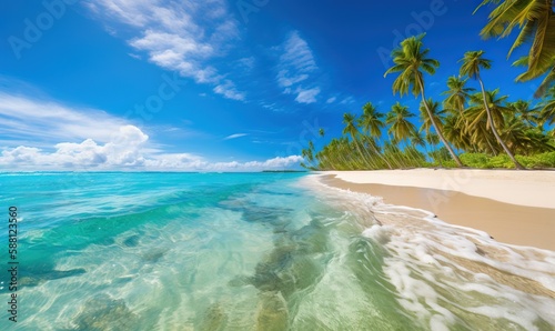  a beach with palm trees and clear blue water in the foreground. generative ai