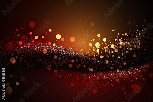 gold and red colored glowing glow bokeh out of focus blurred particles and lights and waves. Abstract glamour high tech technology background. Generative AI