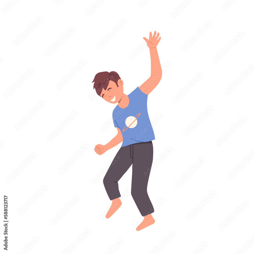 Cute positive barefoot little boy kid character dancing having fun isolated on white background