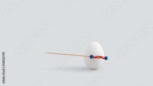Minimal Easter concept with white egg and toothpick used as spear or sword 4K.