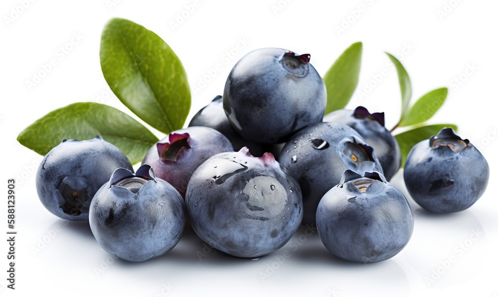 a pile of blueberries with leaves on top of them. generative ai a pile of blueberries with leaves on top of them. generative ai