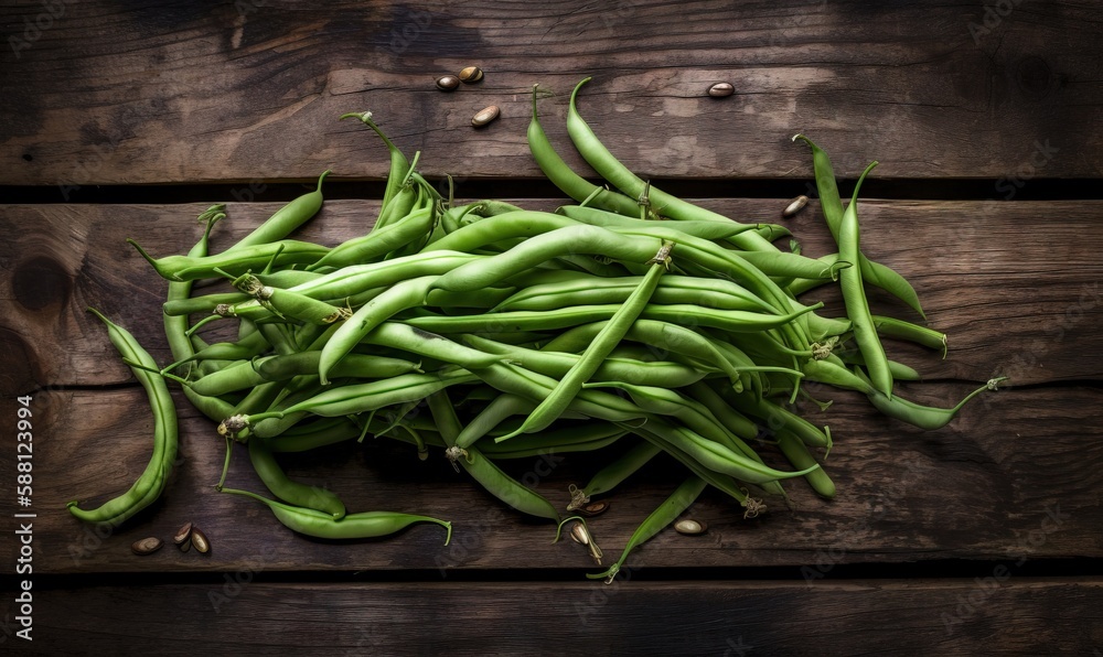 a pile of green beans sitting on top of a wooden table. generative ai a pile of green beans sitting on top of a wooden table. generative ai