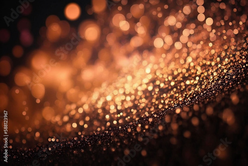 gold and bronze colored glowing glow bokeh out of focus blurred particles and lights and waves. Abstract glamour high tech technology background. Generative AI