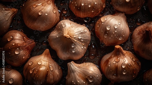 Garlic with drops of water on a black background
