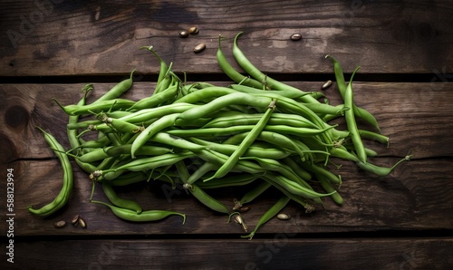  a pile of green beans sitting on top of a wooden table.  generative ai