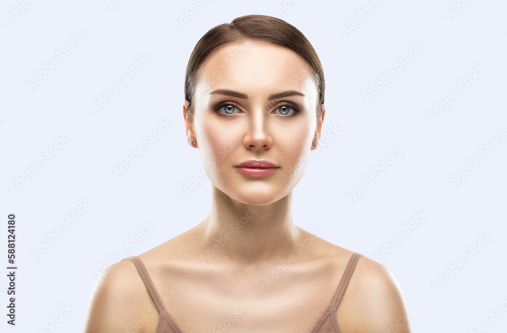 Portrait of attractive girl with healthy clean skin and beautiful make-up. Aesthetic cosmetology and makeup concept. Portrait of attractive girl with healthy clean skin and beautiful make-up. Aesthetic cosmetology and makeup concept.