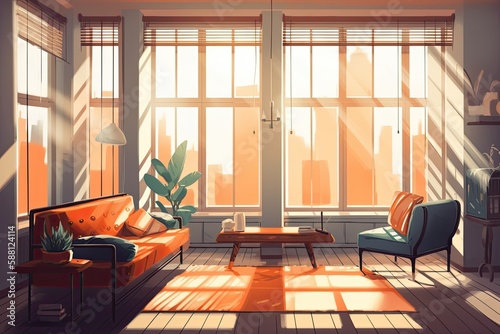 spacious living room with natural light pouring in through large windows and various furniture pieces. Generative AI