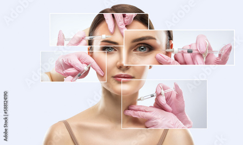 Cosmetologist does injections for lips augmentation and anti wrinkle in the nasolabial folds of a beautiful woman. Women's cosmetology in the beauty salon. photo