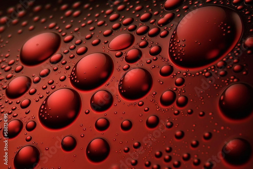 macro water drops droplets beading on a crimson red colored painted metal car with waxed finish, background, generative ai