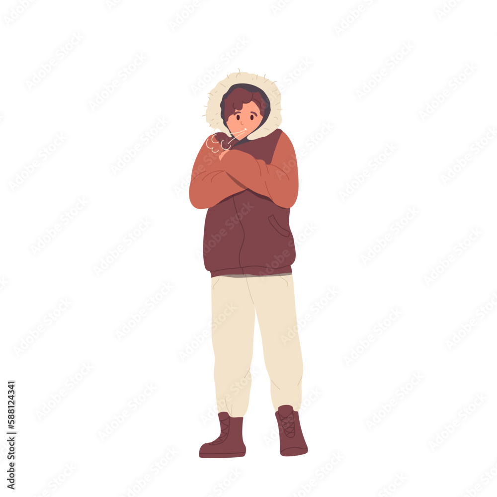 Frozen young male person wearing warm winter clothes outfit shaking from frost cold weather Frozen young male person wearing warm winter clothes outfit shaking from frost cold weather