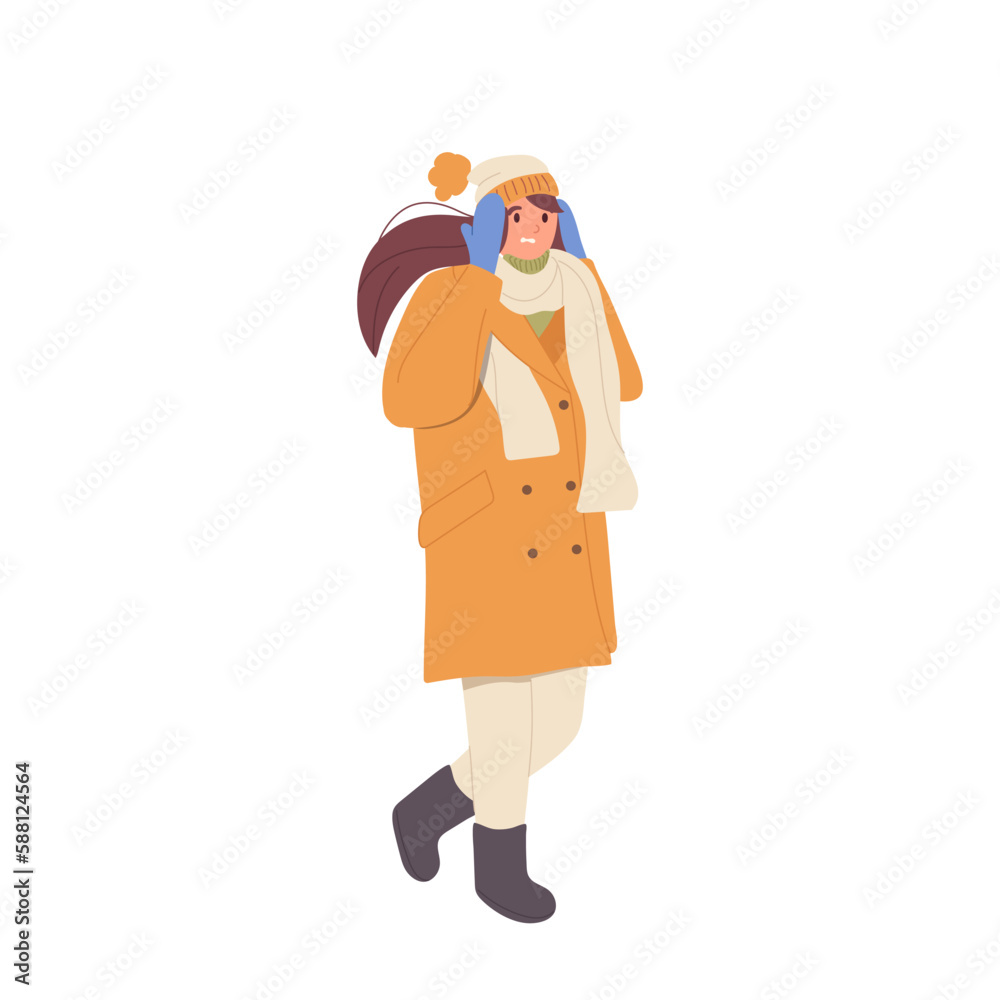 Young woman character wearing coat, hat, mittens and scarf shivering feeling cold and discomfort Young woman character wearing coat, hat, mittens and scarf shivering feeling cold and discomfort
