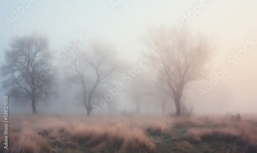  a foggy field with trees in the distance and grass in the foreground. generative ai