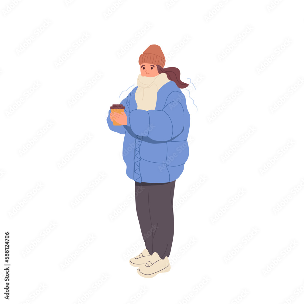 Cute freezing woman wearing winter clothes holding cup of hot takeaway coffee to keep warm Cute freezing woman wearing winter clothes holding cup of hot takeaway coffee to keep warm