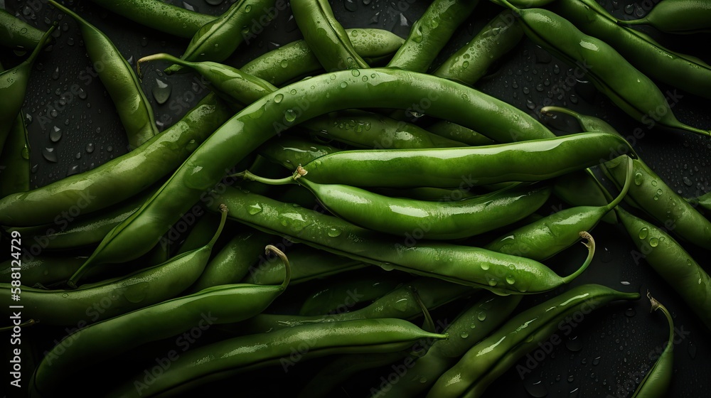 Pile of raw green beans, haricot with drops of water on a black background Pile of raw green beans, haricot with drops of water on a black background